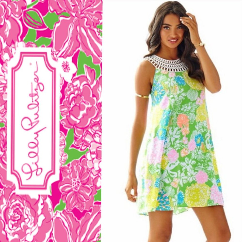 Lilly Pulitzer Green Floral Midi Dress with Pink & Blue Accents